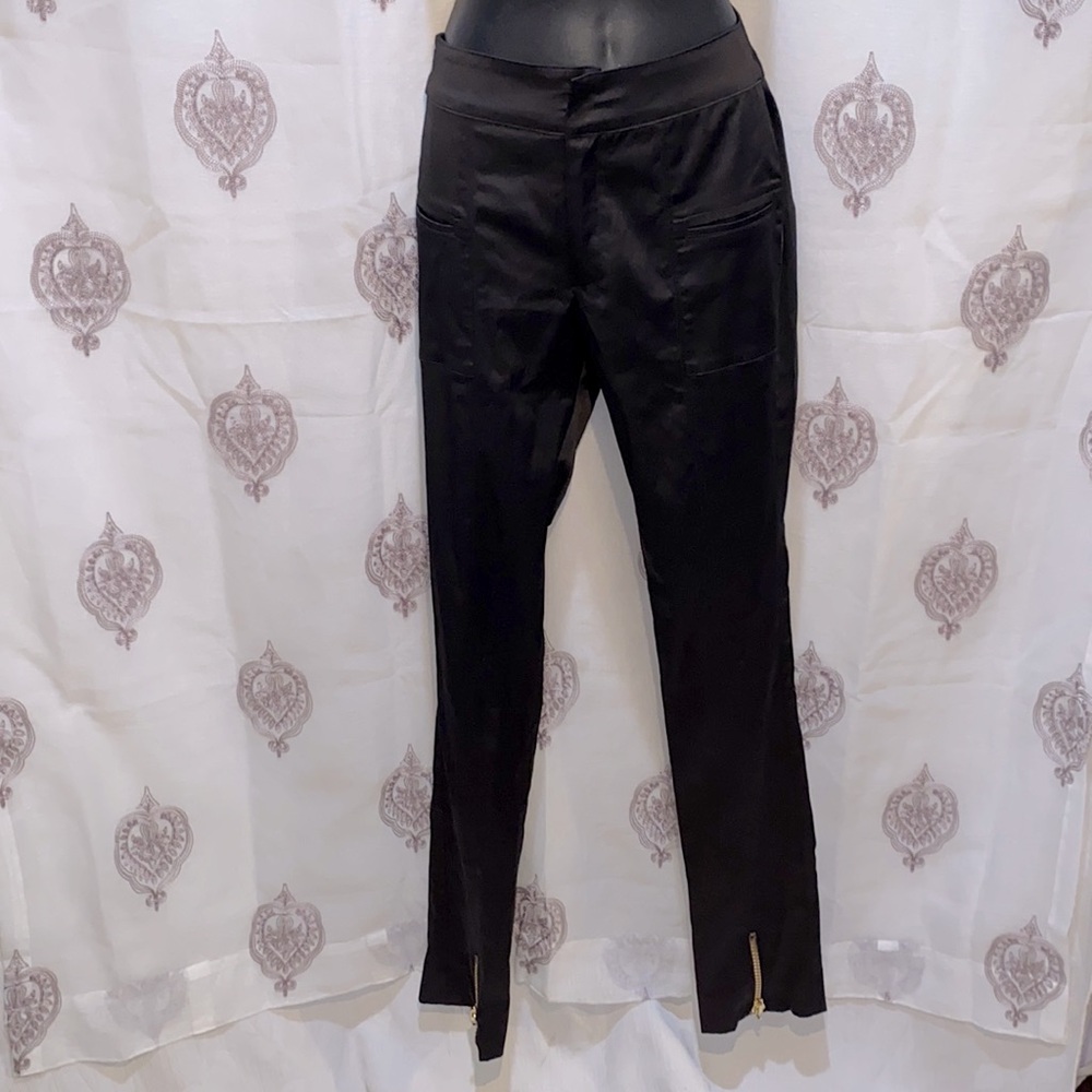 KLS SATINY BLACK DRESS PANTS WELT POCKETS ZGOLD-ZIPPED ANKLE SZ 27